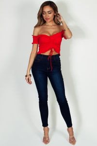 "Last Caress" Red Off-Shoulder Ruffle Scrunched Up Crop Top image