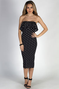 "Delightful Dots" Black Polka Dot Strapless Ruffled Midi Dress image
