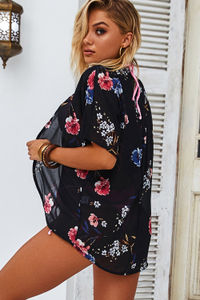 Sea Breeze Black Chiffon Floral Kimono Beach Cover Up image