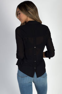 "Celena" Black Long Sleeve Chiffon Blouse with Front Pockets  image