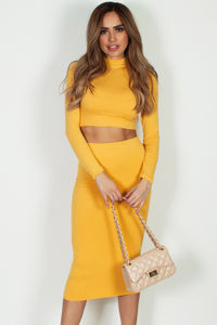 "No Days Off" Mustard Yellow Long Sleeve Crop Top And Midi Skirt image