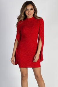 "Feelings To The Side" Red Shimmer Split Bell Sleeve Mock Neck Dress image