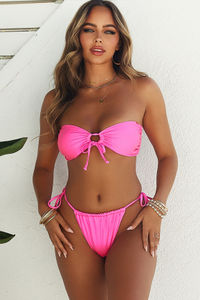 Neon Pink High-Hip Classic Ruched Bikini Bottom image