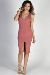 "I'm Obsessed" Dusty Coral V Neck Open Back Midi Cocktail Dress image