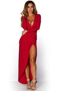 "Irene" Red Long Sleeve Maxi Dress with Plunging Neckline image