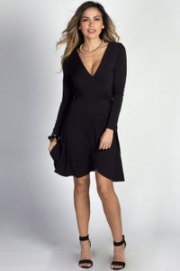 "Beth" Black Long Sleeve A-Line Jersey Wrap Dress image
