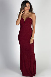 "Wish Come True" Burgundy Glitter Strapless Plunging Sweetheart Maxi Gown image