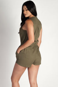 "Fall In Line" Olive Sleeveless Cargo Romper image