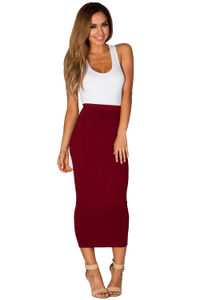 Burgundy Red Cozy Knit High Waisted Midi Pencil Skirt image