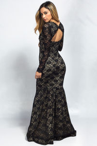 "Teresa" Black Lace Long Sleeve Open Back Mermaid Maxi Gown image