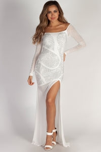 "A Night To Remember" White Rhinestone Long Sleeve Maxi Gown image