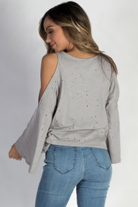 "Hold My Hand" Grey Distressed Cold Shoulder Long Sleeve Top  image
