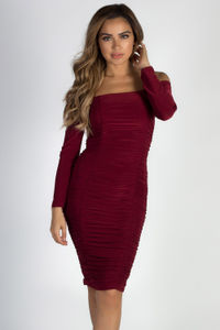 "More Than You Know" Burgundy Off Shoulder Ruched Long Sleeve Dress image