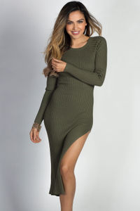 "Celine" Olive Long Sleeve Thigh High Slit Long Sweater Dress image