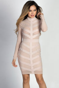 "Chastity" Taupe Mockneck Long Sleeve Chevron Mesh Cut Out Dress image