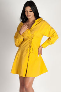 "Love Come Down" Mustard Lace Up Smock Dress image