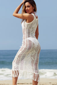 Chianti White Fringed Crochet Maxi Beach Dress Cover Up image