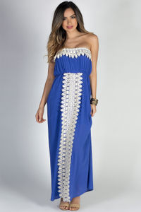 "Daydreamer" Blue Strapless Maxi Dress with Crochet Lace Trim image