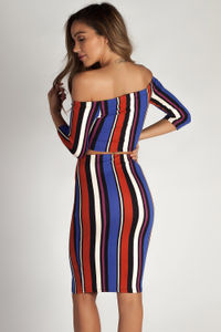 "Both Eyes Closed" Blue Multi Color Striped Crop Top And Skirt Set image