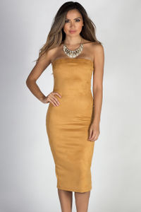 "True to Yourself" Mustard Strapless Suede Midi Dress image