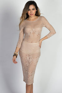 "Tempest" Taupe Striped Lace 3/4 Sleeve See Through Midi Dress image