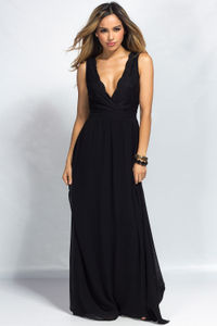 "Narissa" Black Lace & Chiffon Sleeveless Deep V Goddess Maxi Gown image