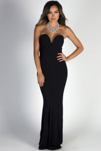 "Wish Come True" Black Glitter Strapless Plunging Sweetheart Maxi Gown image