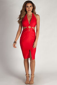 "Boo'd Up" Red Open Back Buckle Cut Out Midi Dress image