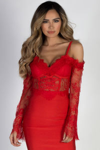"Madame Butterfly" Red Lace Cold Shoulder Crop Top image