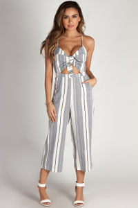 "No Tears Left" Navy Striped Cutout Jumpsuit w/ Bow image