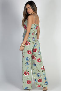 "Walk in the Park" Mint Floral Print Strappy Belted Wide Leg Jumpsuit image