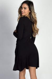 "Beth" Black Long Sleeve A-Line Jersey Wrap Dress image