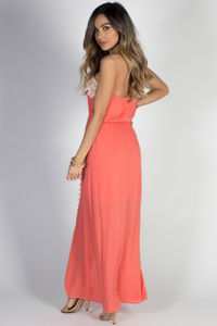 "Daydreamer" Coral Strapless Maxi Dress with Crochet Lace Trim image