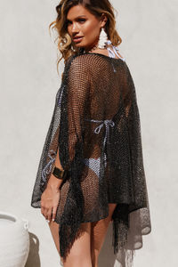 Illustrious Black Gold Metallic Knit Crochet Fringed Poncho image