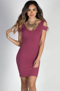 "Day & Night" Berry Strappy Back Short Sleeve Cold Shoulder Dress image