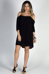 "La Boheme" Black Lace Trimmed Off Shoulder Boho Mini Dress image