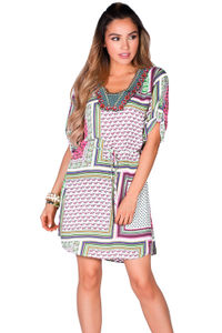 "Irma" Pink Patchwork Print Embellished Collar Summer Tunic Dress image