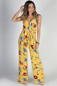 "Walk in the Park" Mustard Floral Print Strappy Belted Wide Leg Jumpsuit image
