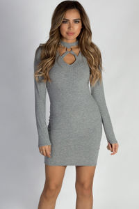 "Love on Top" Heather Grey Long Sleeve Ring Cut Out Mini Dress image