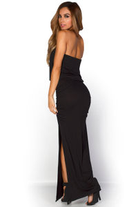 "Venitra" Black Draped Casual Strapless Tube Top Maxi Dress image