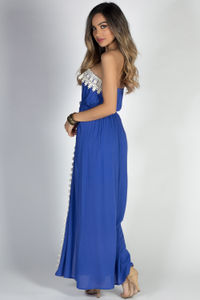 "Daydreamer" Blue Strapless Maxi Dress with Crochet Lace Trim image