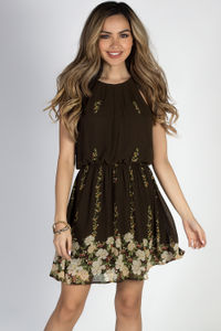 "Head in the Clouds" Olive Floral Short Chiffon Dress image