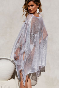 Illustrious White Fox Knit Crochet Fringed Poncho image