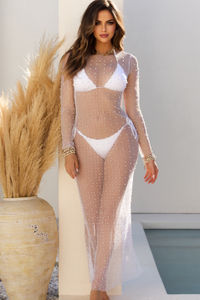White Mesh Long Sleeve Embellished Maxi Cover Up image