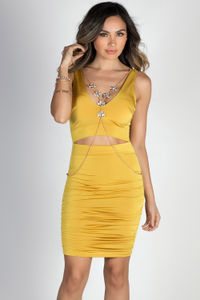 "Center of Attention" Golden Yellow Jeweled Necklace Cut Out Midi Dress image