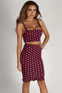 "About a Girl" Burgundy Polka Dot Cropped Cami Top & Skirt Set image