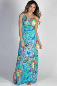 "Island Nights" Blue Floral Print One Shoulder Jeweled Lace Tropical Maxi Dress image