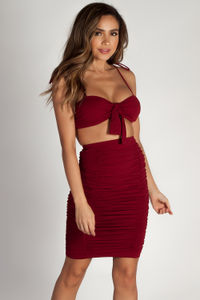 "Out Of Love" Burgundy Two Piece Bandeau & Ruched Skirt Set image