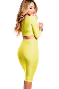 "Jasmine" Highlighter Neon Yellow Reversible Cut Out Crop Top and Midi Skirt Set image