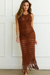 Playa Bella Brown Maxi Lace and Tassel Dress Cover Up image